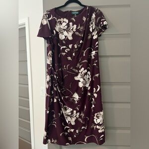Lauren Ralph Lauren Plum Floral Midi Dress Gathered Waist, Size 16W